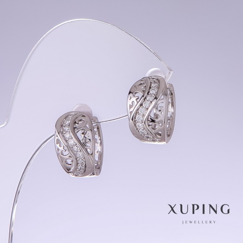 Xuping Earrings with White Rhinestones, 15 mm Length, 10 mm Thickness, Rhodium-Plated