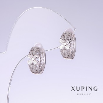 Xuping Earrings with White Crystals, 14mm Length, 7mm Thickness, Rhodium-plated