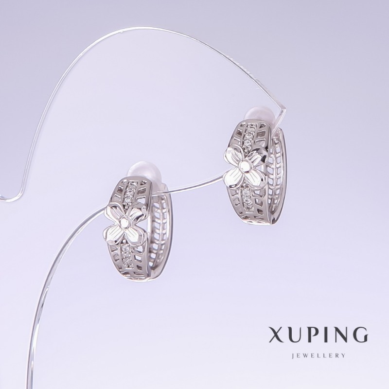 Xuping Earrings with White Crystals, 14mm Length, 7mm Thickness, Rhodium-plated