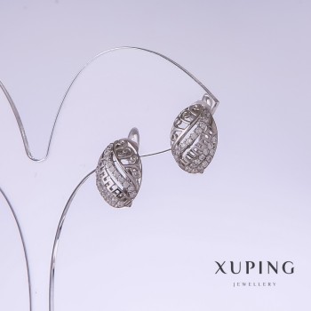 Xuping Earrings, 17 mm long, 9 mm thick, rhodium-plated with white crystals