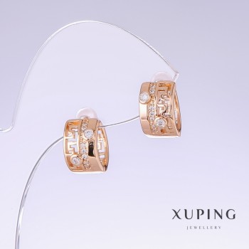 Xuping Earrings with White Crystals, 13 mm Long, 8 mm Thick, 18k Gold Plating
