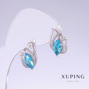 Xuping Earrings with Blue Cubic Zirconia Topaz, Length 17 mm, Thickness 10 mm, Rhodium-plated
