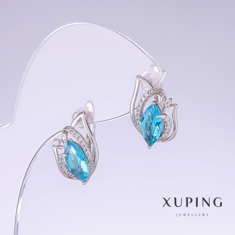 Xuping Earrings with Blue Cubic Zirconia Topaz, Length 17 mm, Thickness 10 mm, Rhodium-plated