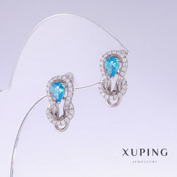 Discount! Xuping earrings with blue Topaz cubic zirconia, length 17 mm, thickness 10 mm rhodium