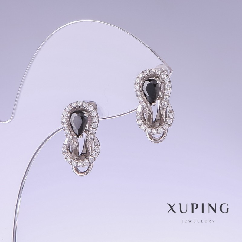 Discount! Xuping Earrings with Black Cubic Zirconia, Length 17 mm, Thickness 9 mm Rhodium