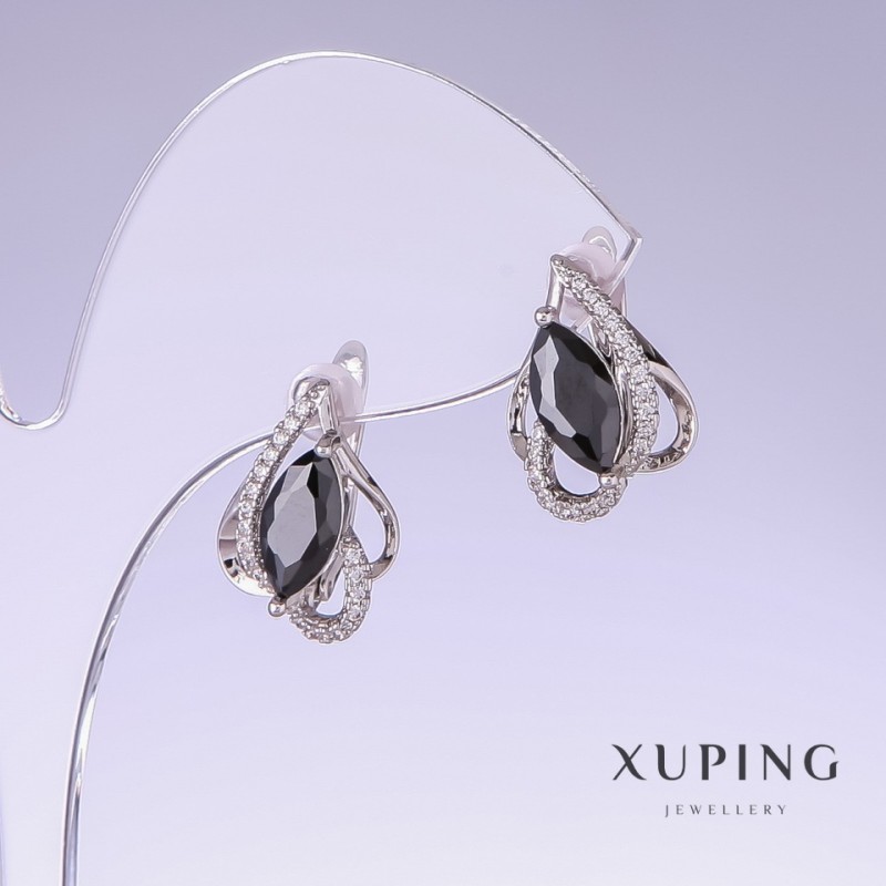 Sale! Xuping Earrings with Black Cubic Zirconia, 16 mm long, 11 mm thick rhodium-plated