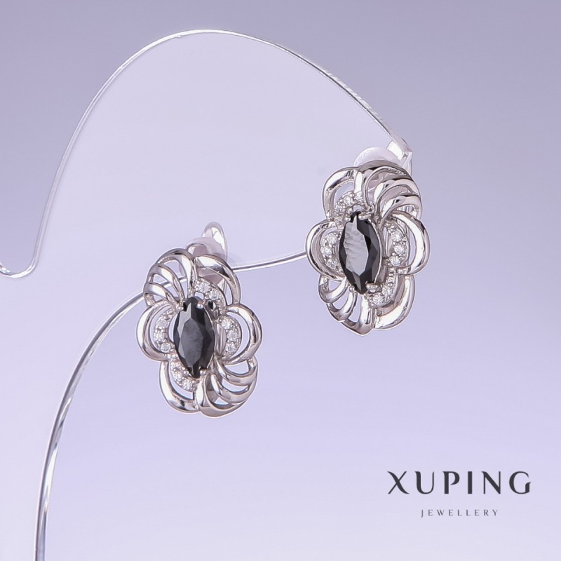 Xuping Earrings with Black Cubic Zirconia, 17mm Length, 12mm Thickness, Rhodium-Plated