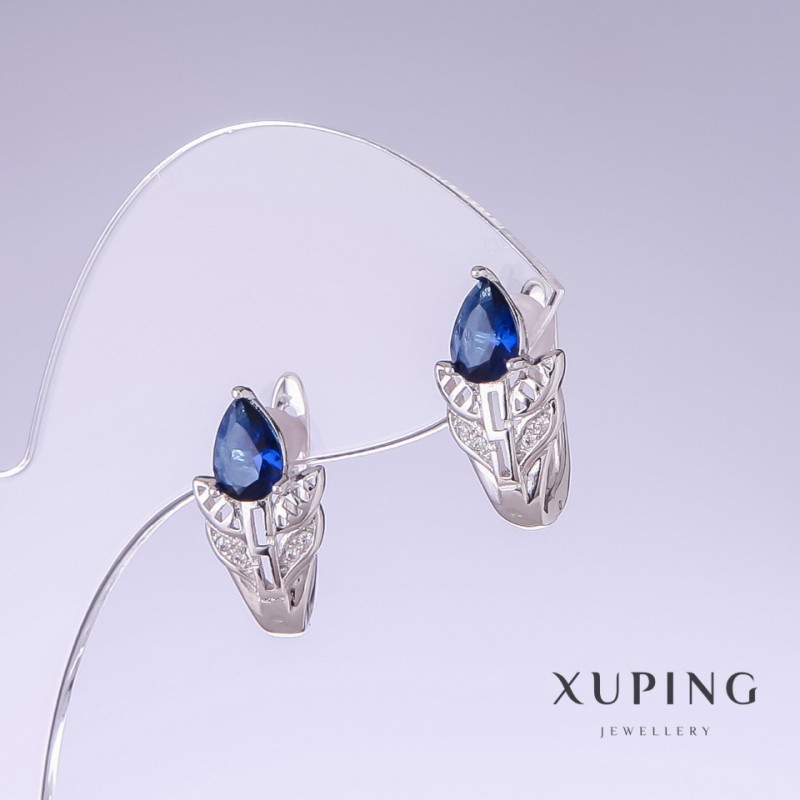 Xuping Earrings with Blue Zircons, 19mm Length, 10mm Thickness, Rhodium-Plated