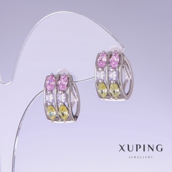 Sale! Xuping Earrings with Multicolored Cubic Zirconia, 11 mm Length, 10 mm Thickness, Rhodium-Plated