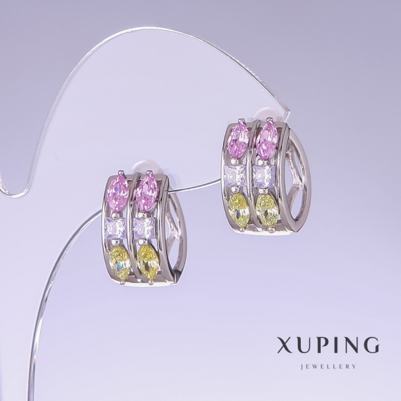 Sale! Xuping Earrings with Multicolored Cubic Zirconia, 11 mm Length, 10 mm Thickness, Rhodium-Plated