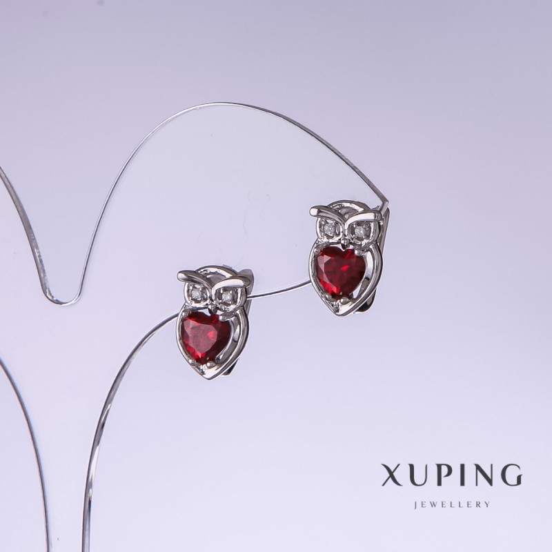 Xuping 'Owls' Earrings with Red Cubic Zirconia, 13 mm long, 9 mm thick, rhodium-plated