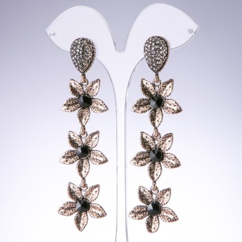 Evening Lilies Earrings with Black Crystals in Antique Gold, 25 mm wide, 95 mm long