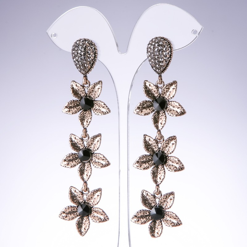 Evening Lilies Earrings with Black Crystals in Antique Gold, 25 mm wide, 95 mm long
