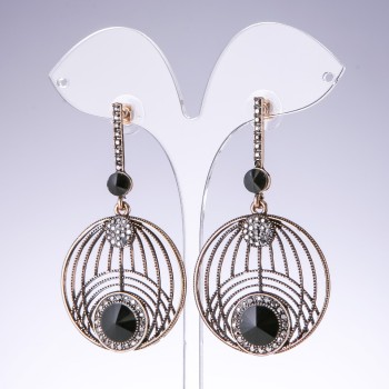 Evening earrings with black crystals, color 'Old Gold', width 35 mm, length 65 mm