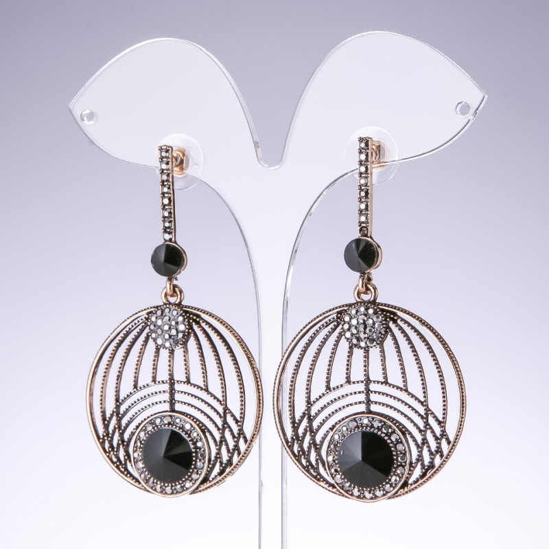 Evening earrings with black crystals, color 'Old Gold', width 35 mm, length 65 mm