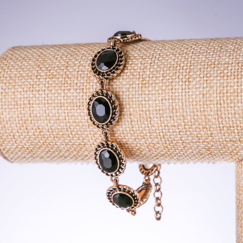Evening bracelet with black crystals, color 'old gold', width 15mm, length 19-25cm