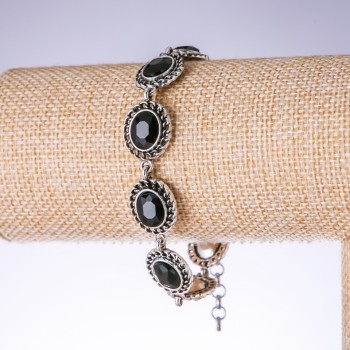 Evening bracelet with black crystals, color 'old silver', width 15 mm, length 19-25 cm