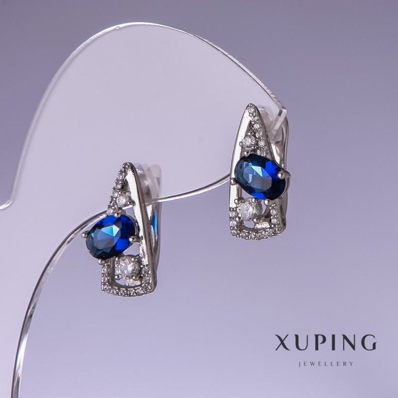 Xuping Earrings with Blue Cubic Zirconia 17x8mm Rhodium-Plated