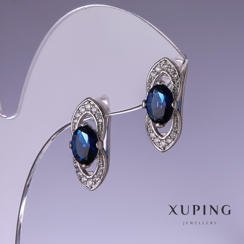 Xuping Earrings with Blue Cubic Zirconia, Rhodium-Plated