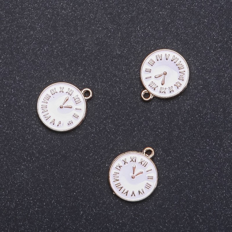 Pendant 'Clock' with white enamel and gold-tone, diameter 15 mm, length 17 mm, diameter 1.75 mm, pack of 8 pcs (±)