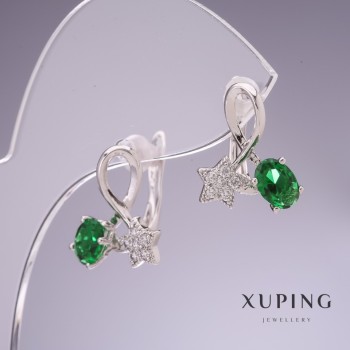 Sale! Xuping Earrings with Green Zircons 'Stars' 17x14mm Rhodium