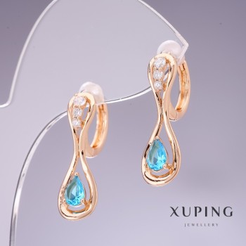 Sale! Xuping Earrings with Blue Zircons "Topaz" 26×8mm 18K Gold-Plated