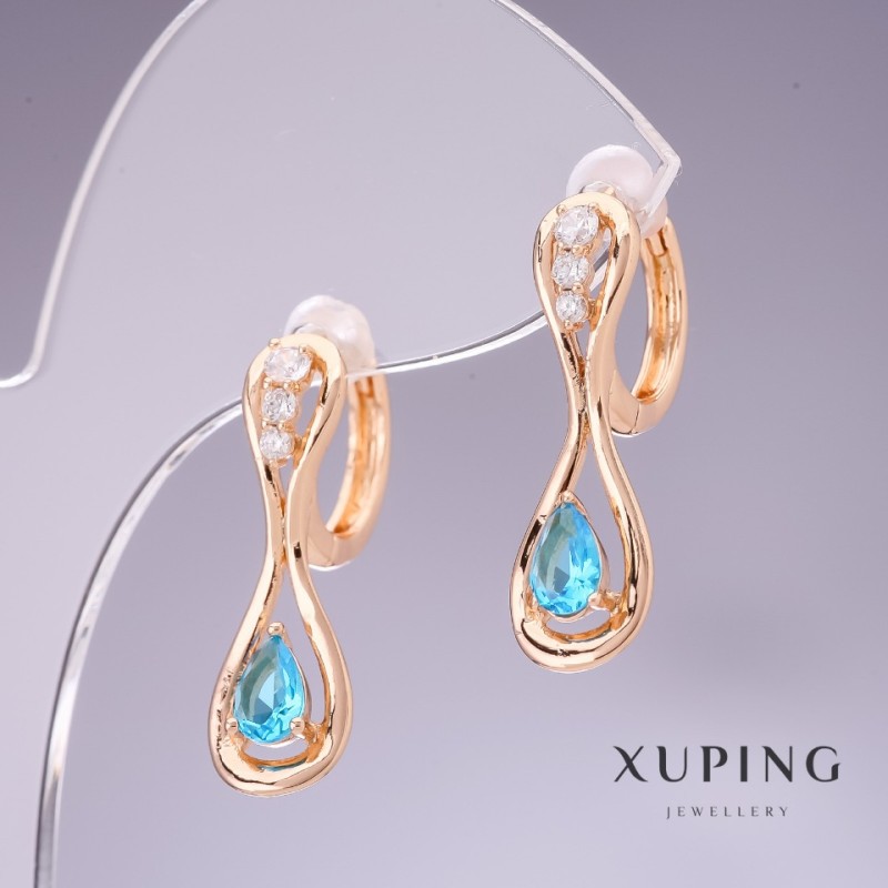 Sale! Xuping Earrings with Blue Zircons "Topaz" 26×8mm 18K Gold-Plated