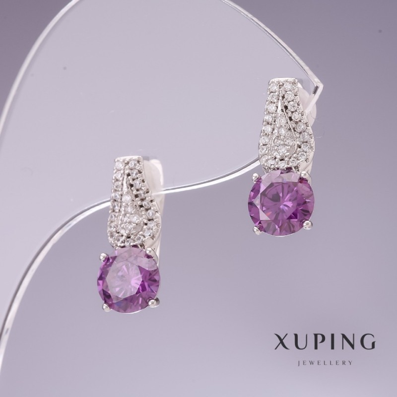 Xuping Earrings with Violet Zircons, 17x7 mm, Rhodium-Plated