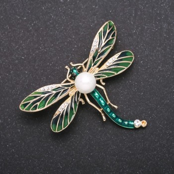 Butterfly Brooch with Mallorca Pearls, Green-Gold Enamel 50x40mm