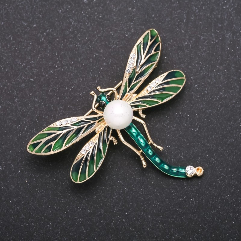 Butterfly Brooch with Mallorca Pearls, Green-Gold Enamel 50x40mm