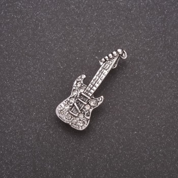 Brooch Mini Guitar with Crystals Gray Metal 28×10mm