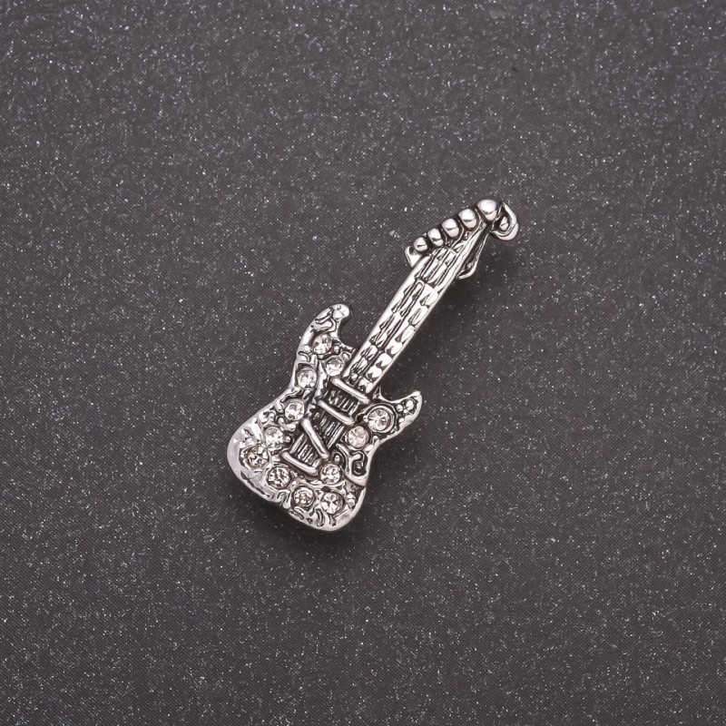 Brooch Mini Guitar with Crystals Gray Metal 28×10mm