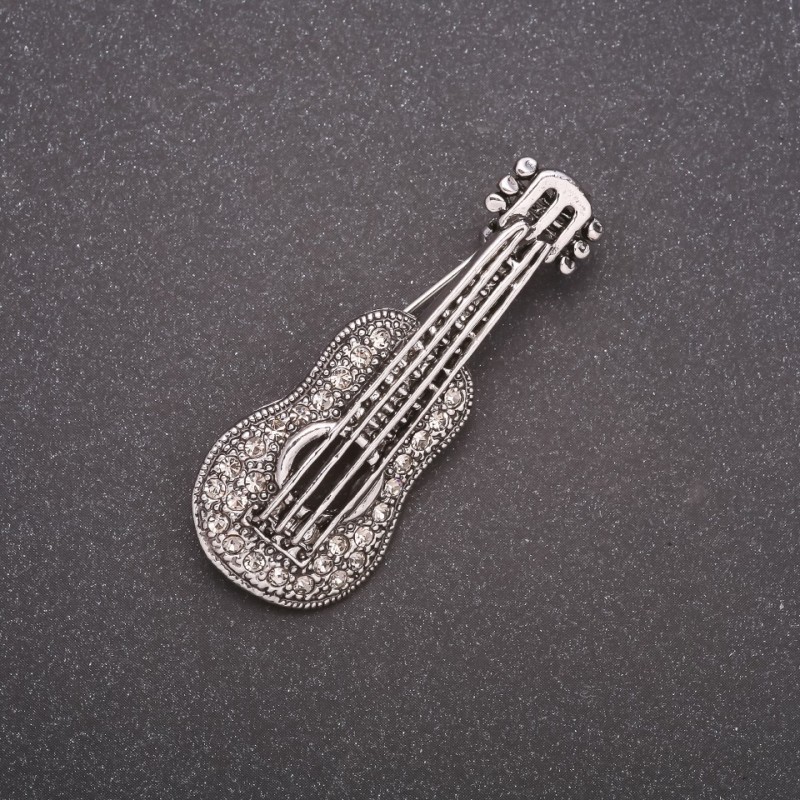 Guitar Brooch in Rhinestones Gray Metal 50x19mm
