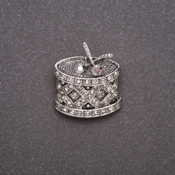 Crystal Drum Brooch in Gray Metal 24×26mm