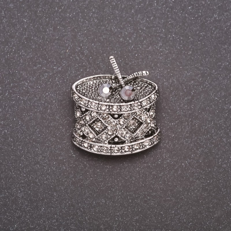 Crystal Drum Brooch in Gray Metal 24×26mm