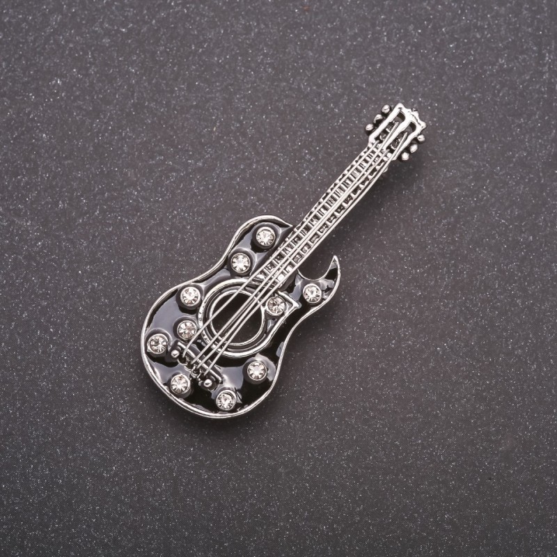 Guitar Brooch with Black Enamel and Crystals