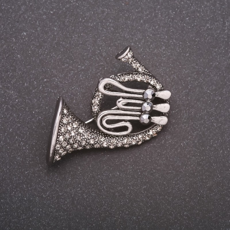 Brooch 'Trumpet in Rhinestones' Gray Metal 42x45mm
