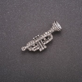 Brooch 'Trumpet' in Rhinestones, Gray Metal, 42x14 mm