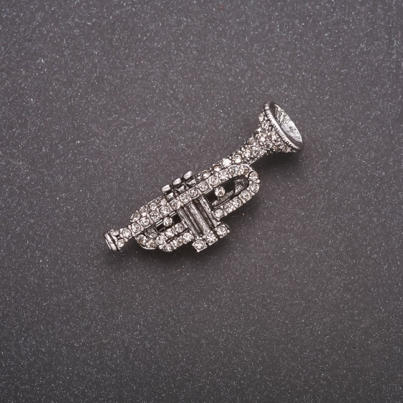 Brooch 'Trumpet' in Rhinestones, Gray Metal, 42x14 mm
