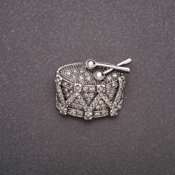 Drum Brooch with Crystals in Gray Metal 32x26mm