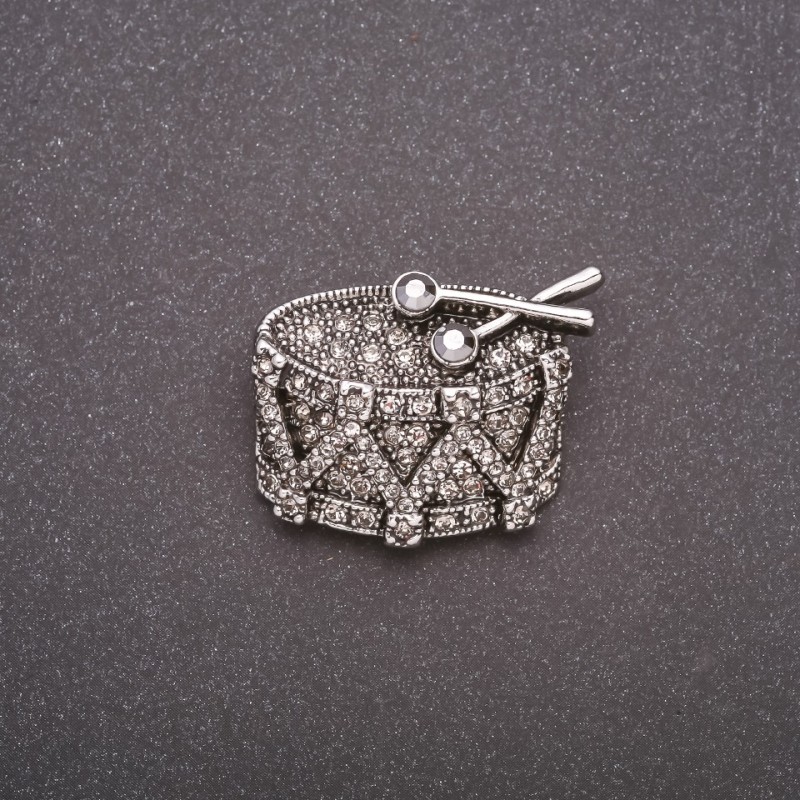 Drum Brooch with Crystals in Gray Metal 32x26mm