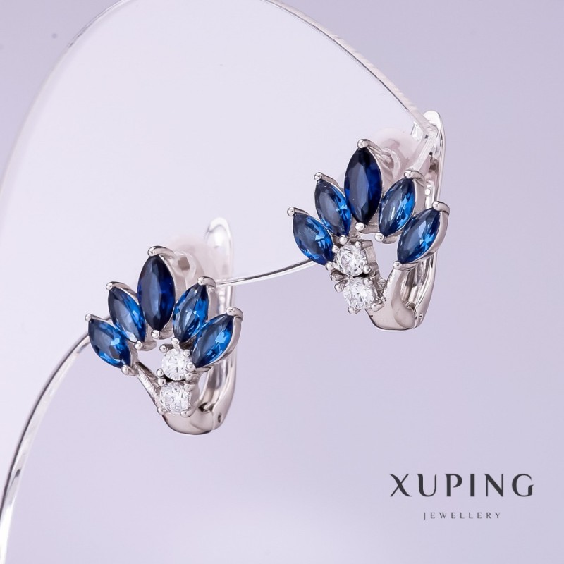 Xuping earrings with blue cubic zirconia 'Fan', 12 mm Diameter, 15 mm Length, Rhodium-Plated