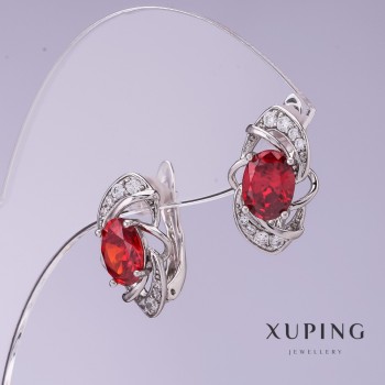 Xuping Earrings with Red Cubic Zirconia, 10 mm Diameter, 17 mm Length, Rhodium-Plated
