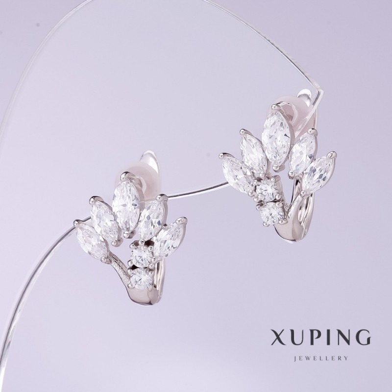 Xuping Earrings with White Zircons - Fan Shape, 12mm Diameter, 15mm Length, Rhodium-plated