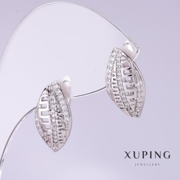 Xuping Earrings with White Crystals, 10 mm Diameter, 18 mm Length, Rhodium