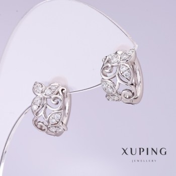 Xuping Earrings with White Crystals, 8 mm diameter, 12 mm length, rhodium-plated