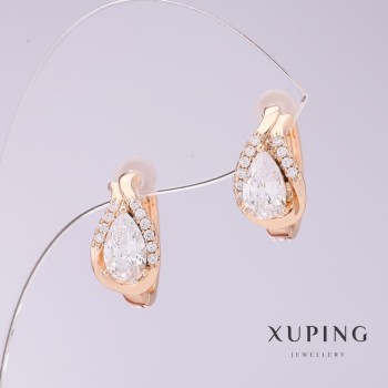Xuping Earrings with White Cubic Zirconia, 8mm Diameter, 16mm Length, 18K Gold Plating