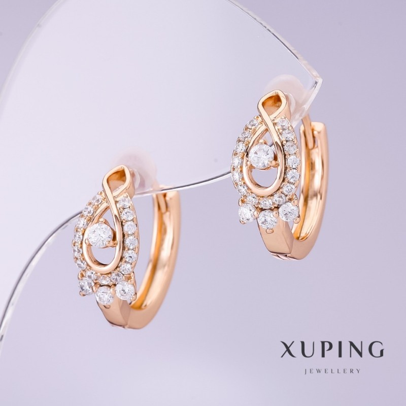 Xuping Earrings with White Zircons, 7 mm Diameter, 18 mm Length, 18K Gold Plating
