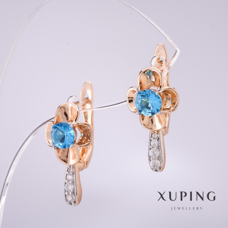 Sale! Xuping Earrings with Blue Stones, 20x10 mm, 18K Plating