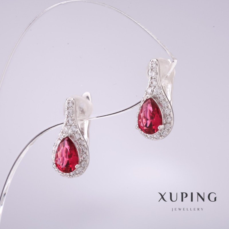 Xuping earrings with red stones 15x8mm rhodium